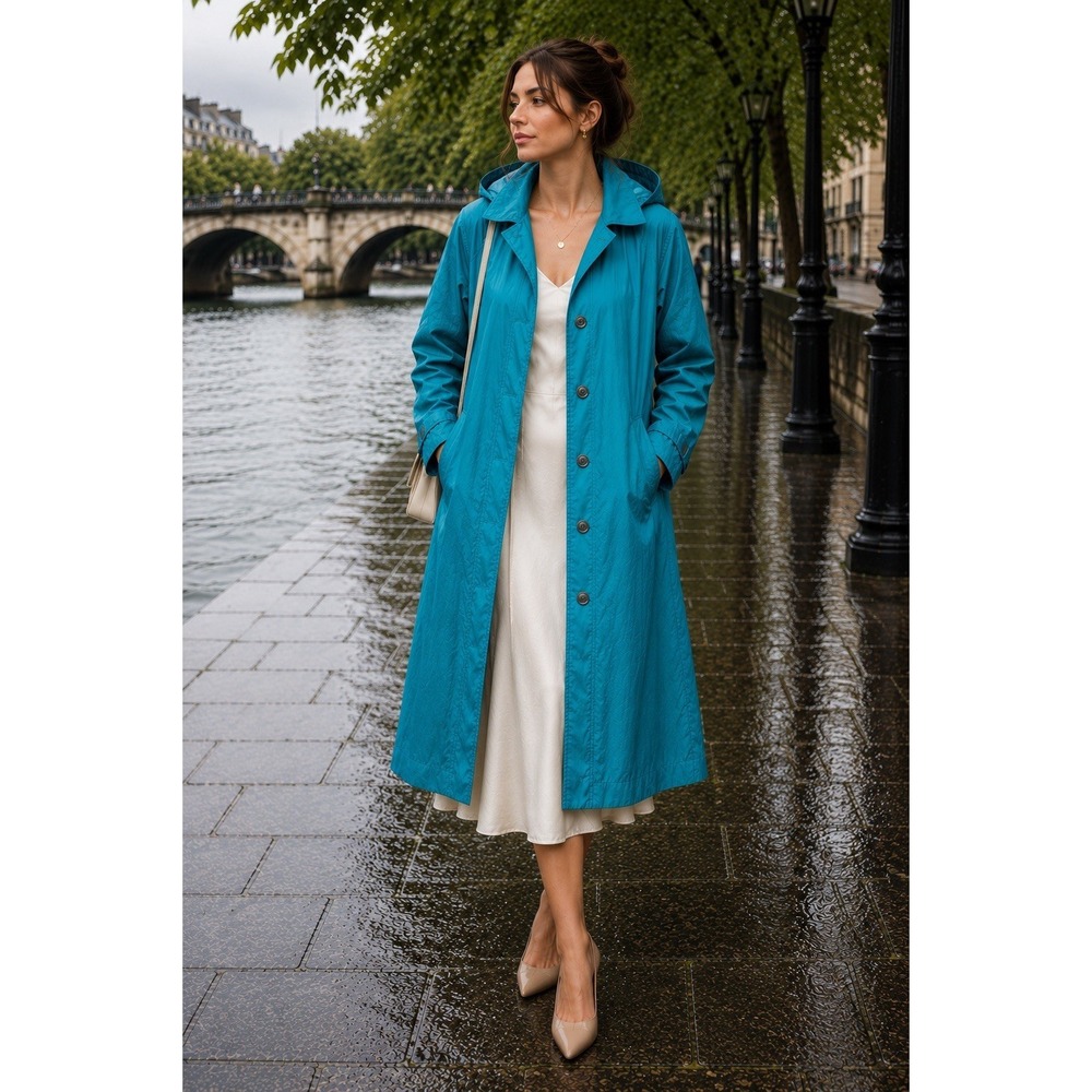 Vintage Totes Coat Teal Hooded Long 8 Lightweight Raincoat Great for Travel